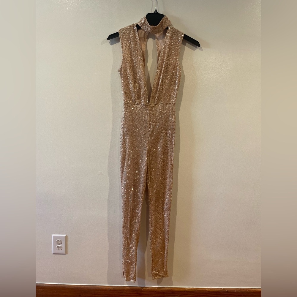 Champagne Gold Sequin Jumpsuit Deep V Worn Once XS